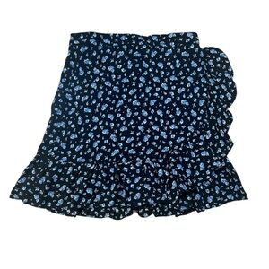 Madewell Black Faux Wrap Skirt with Blue Floral Print – Size 00